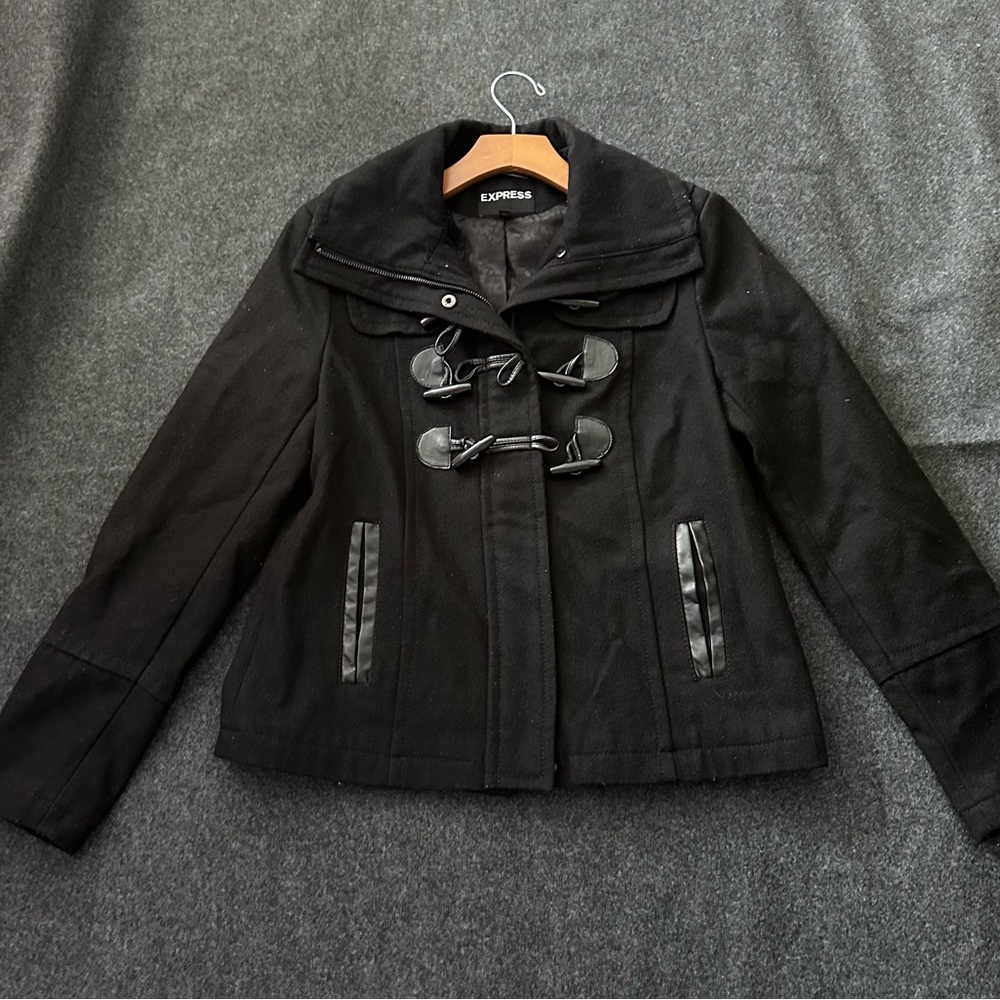 Express Black Toggle Pea Coat with Leather-Trim Pockets